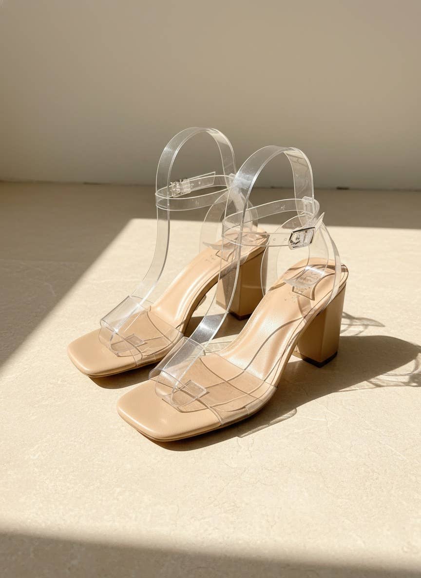 SPANIEL Minimal Clear Heels Barely There Ankle Strap Sandals: CLEAR / A12