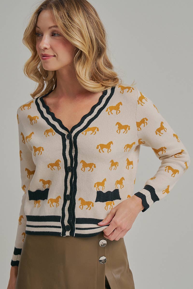 SUPER SOFT HORSE PRINT KNIT CARDIGAN_JLT00386-01: OATMEAL COMBO / S-M-L(2-2-2)