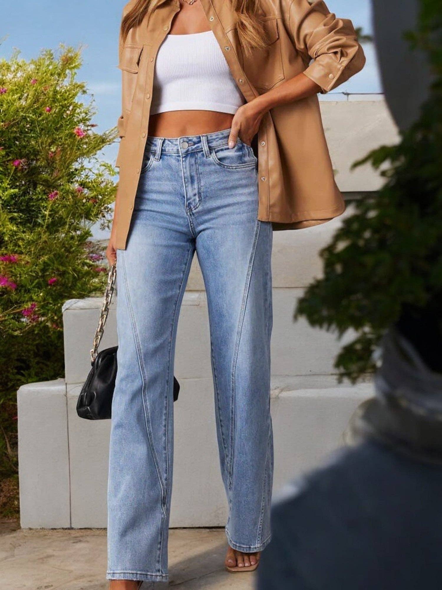 Women's High Waist Wide Leg Jeans with Seaming Detail