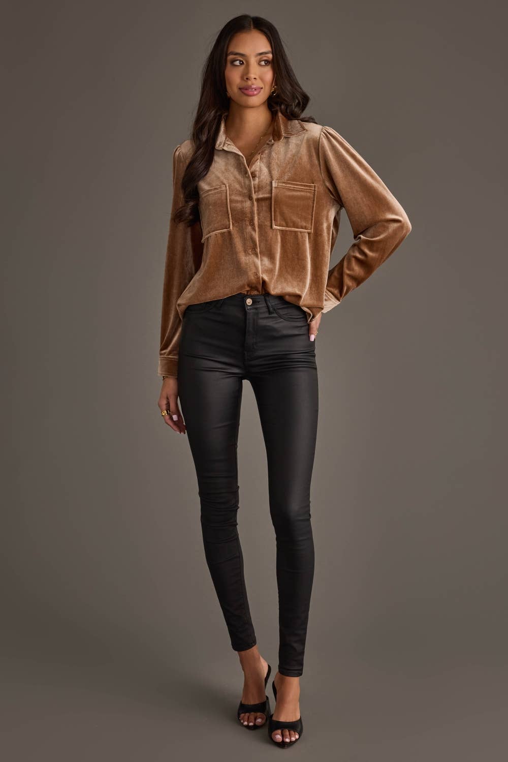 Tan Velvet Button Up