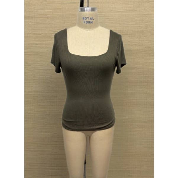 PLUS SIZE RIB SQUARE NECK SHORT SLEEVE KNIT TOP: Olive / 3X