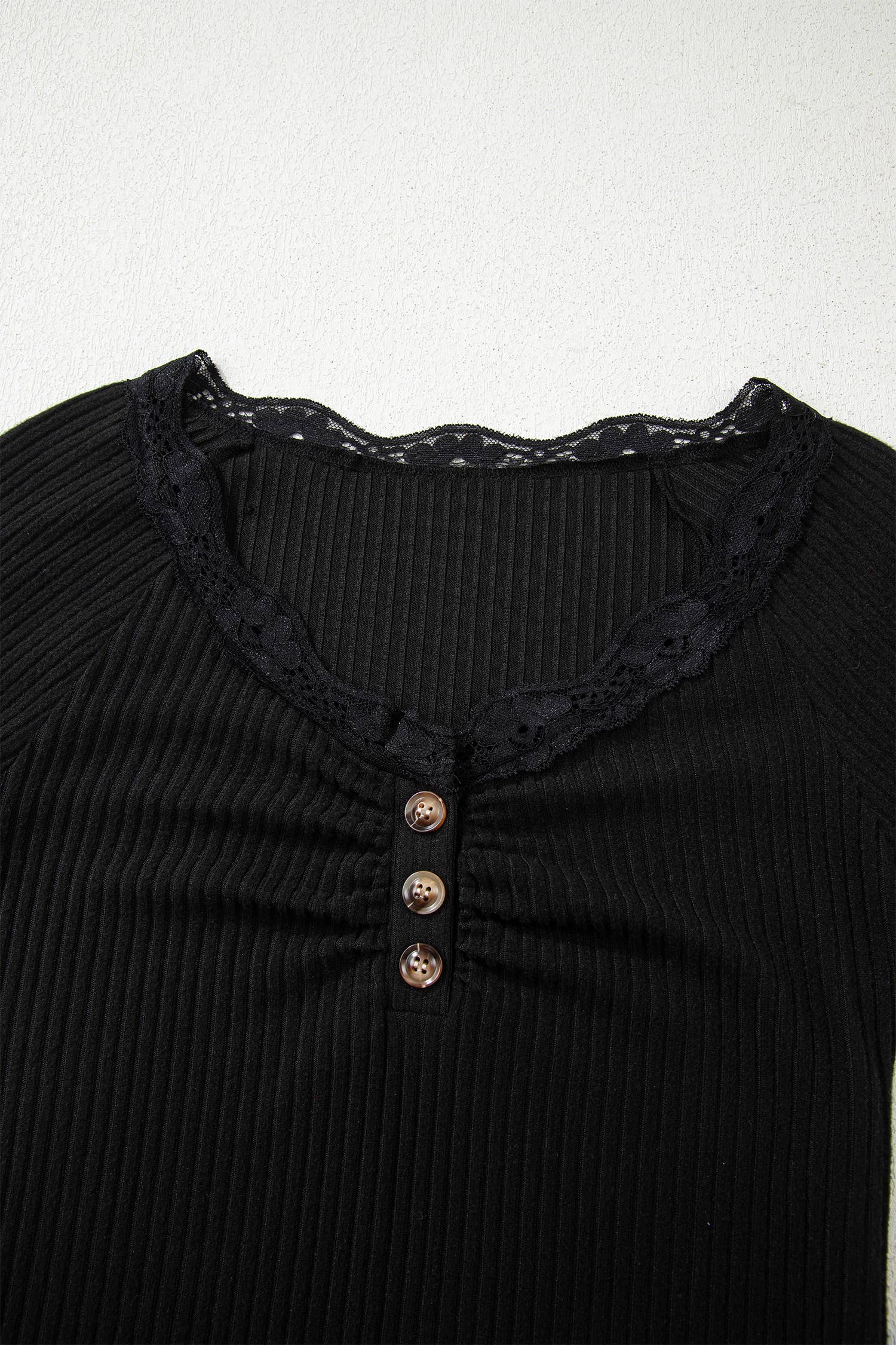 Lace Neckline Button Decor Lettuce Edge Long Sleeve Top: Beige / S