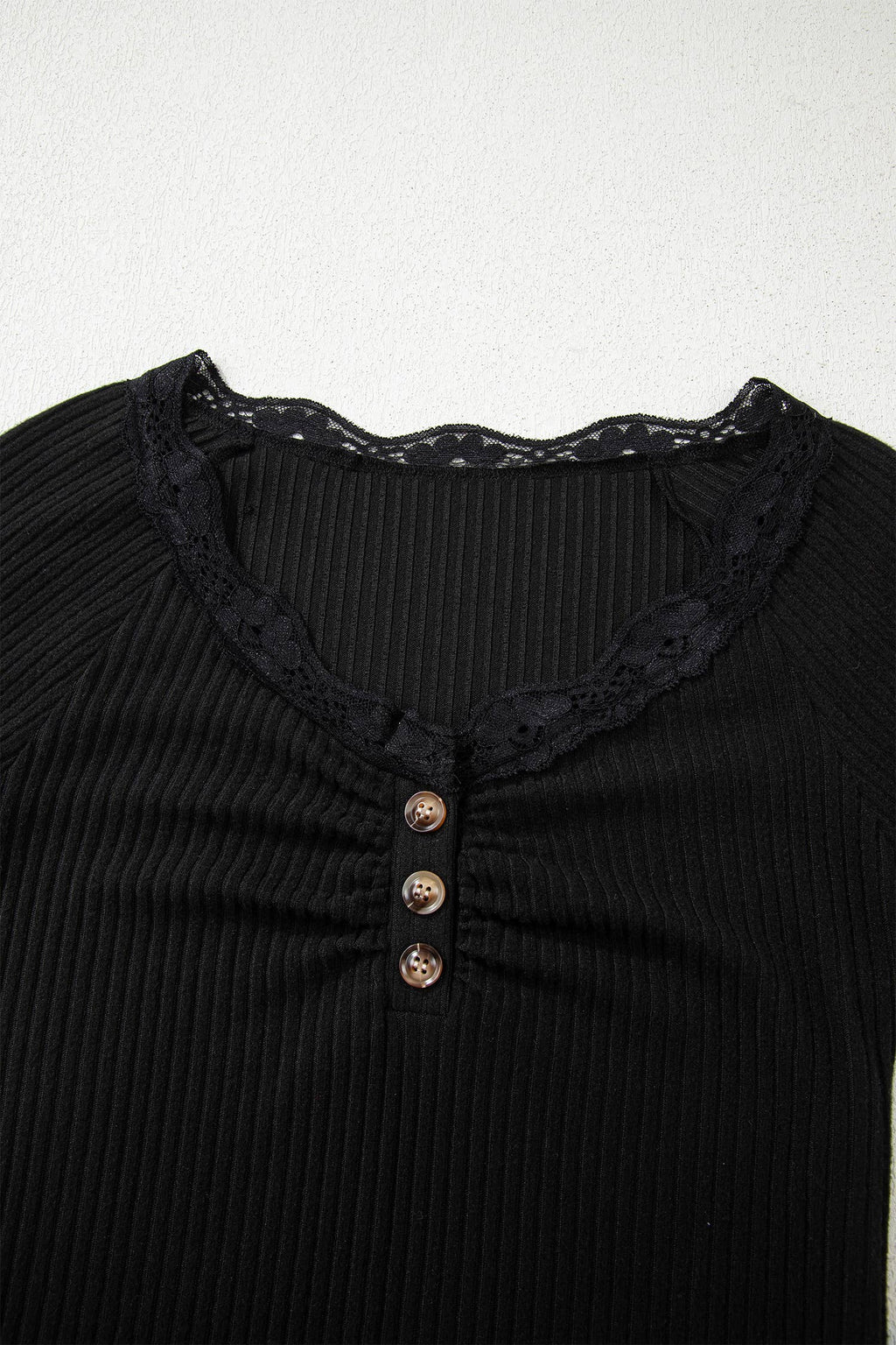 Lace Neckline Button Decor Lettuce Edge Long Sleeve Top: Beige / L