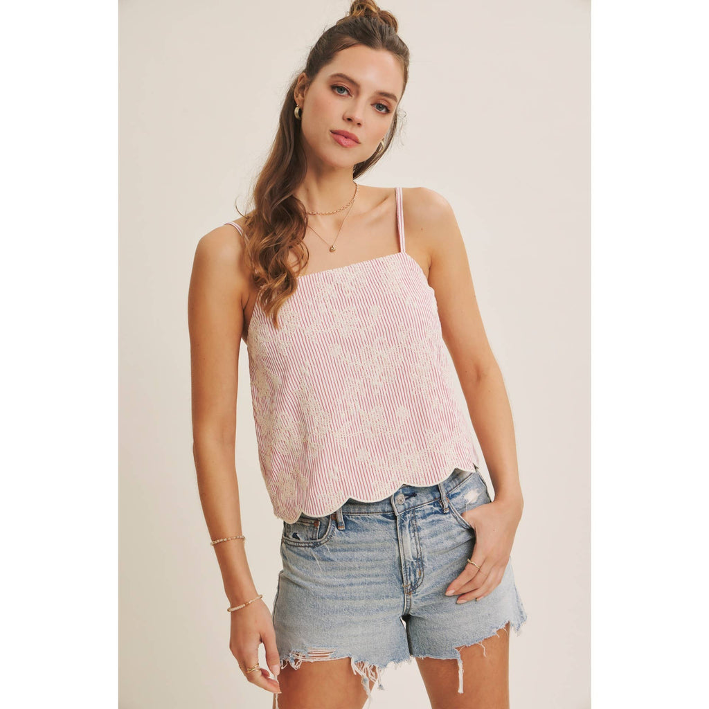 VERSATILE SUMMER STAPLE STRIPE EMBROIDERED SCALLOP TANK TOP