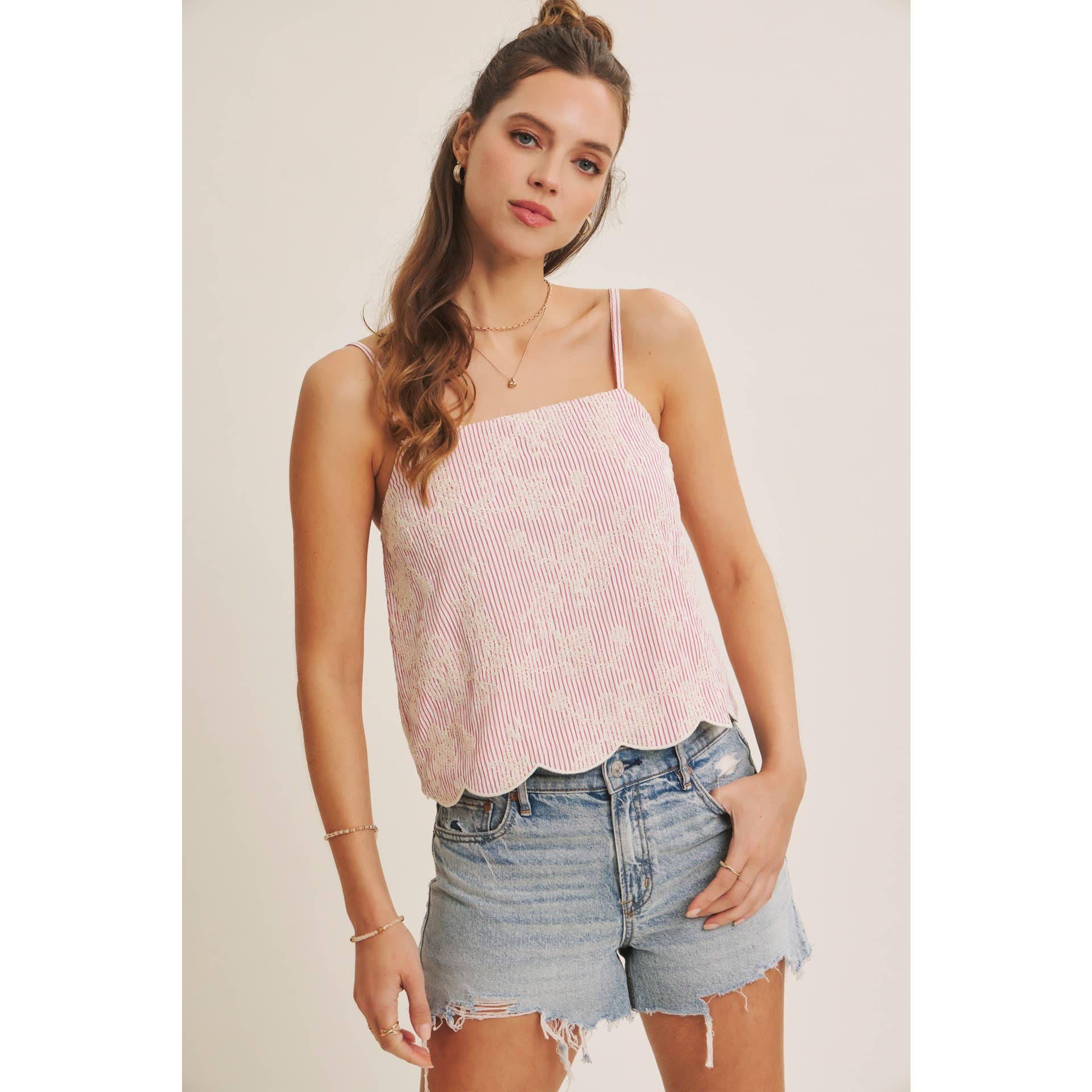 VERSATILE SUMMER STAPLE STRIPE EMBROIDERED SCALLOP TANK TOP