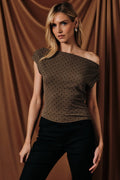 SLOUCHY SHOULDER SLEEVELESS POLKA DOT RIB TOP: MOCHA-BLACK DOT / L