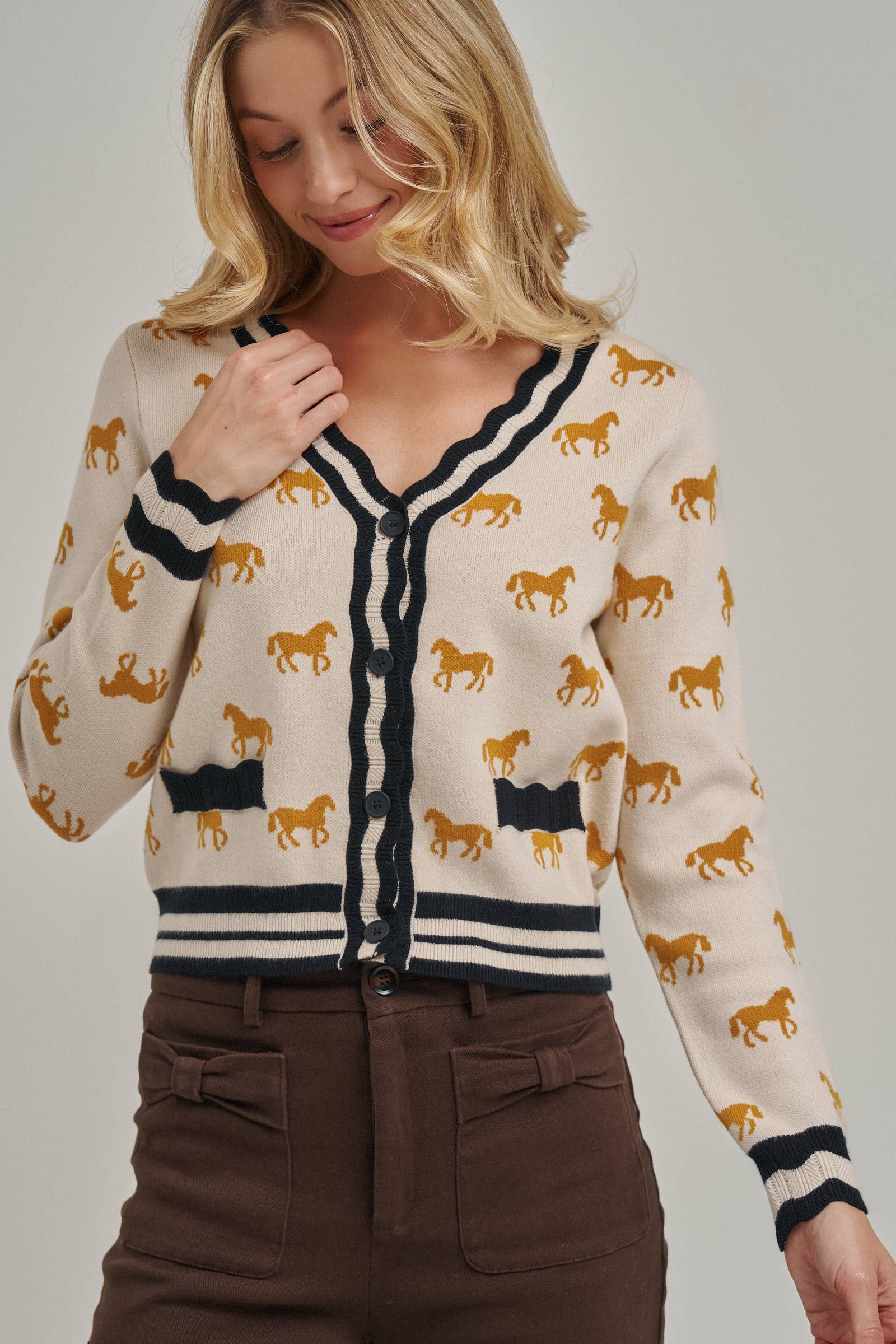 SUPER SOFT HORSE PRINT KNIT CARDIGAN_JLT00386-01: OATMEAL COMBO / S-M-L(2-2-2)