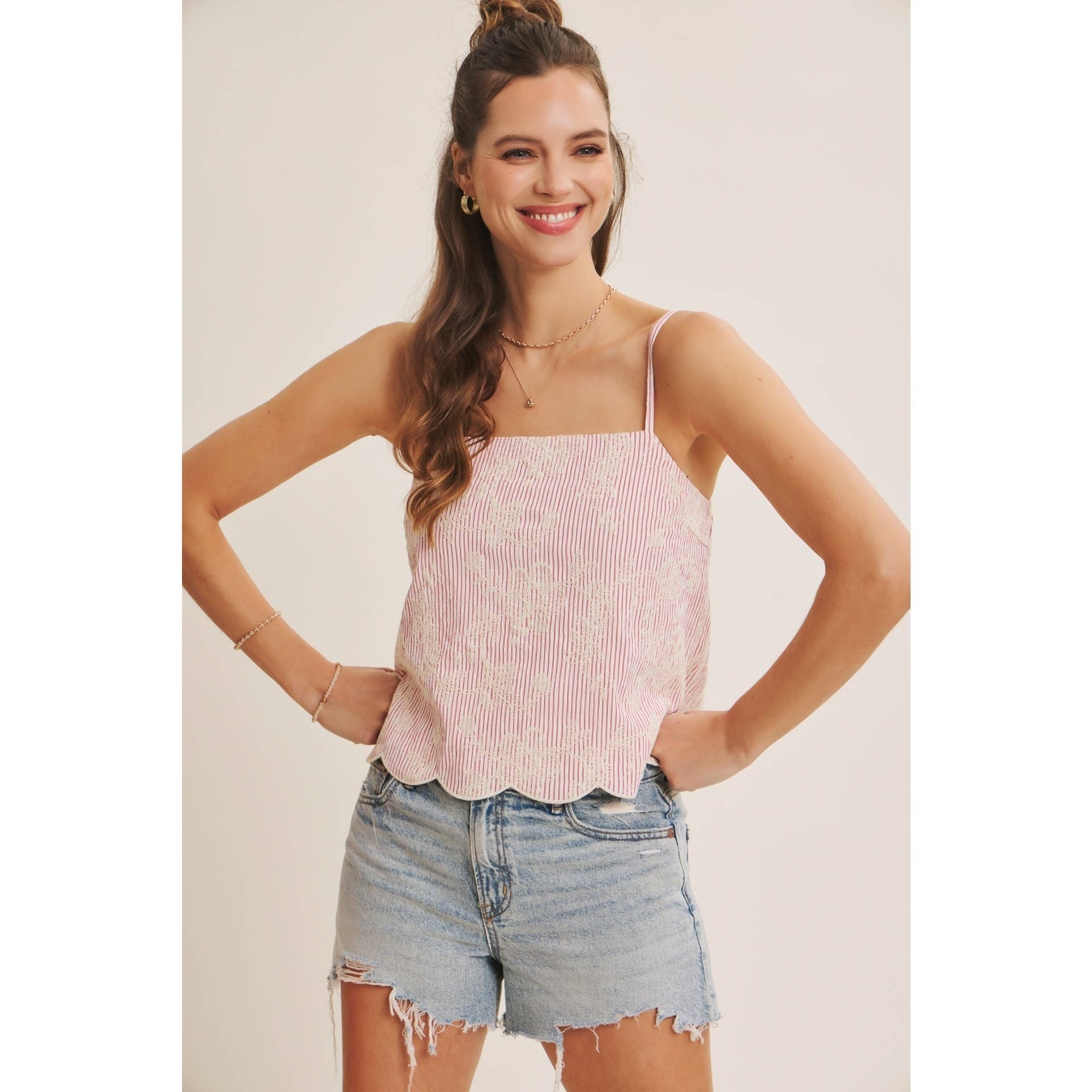 VERSATILE SUMMER STAPLE STRIPE EMBROIDERED SCALLOP TANK TOP