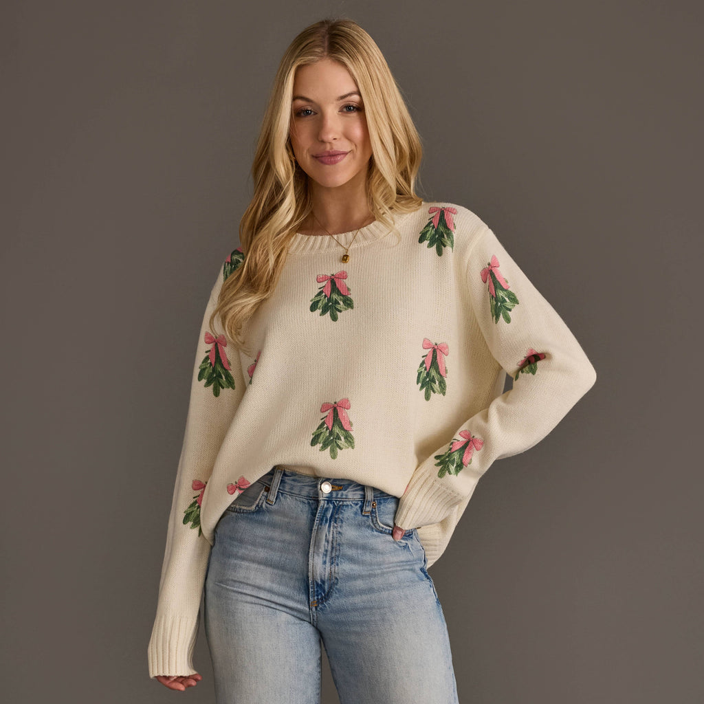 Ivory Tree Sweater with Pink Bows