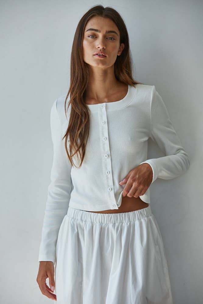 L8829T | Knit Cotton Spandex Ribbed 3/4 Sleeve Cardigan: Off White / L
