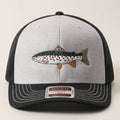 Rainbow Trout Fish Embroidered Mesh Back Trucker Hat: Black/Heather Gray/Black / ONE SIZE