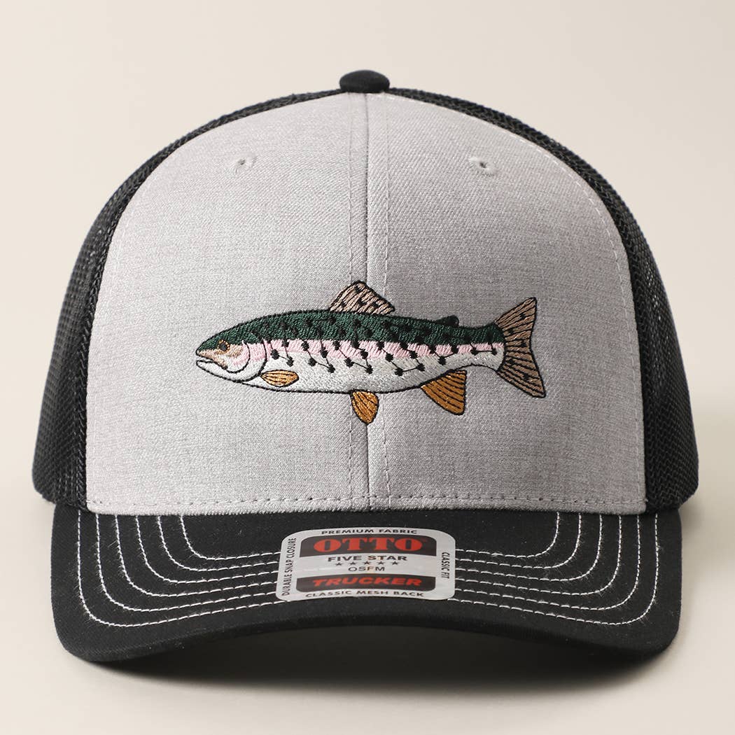 Rainbow Trout Fish Embroidered Mesh Back Trucker Hat: Coy.Brn/Coy.Brn/Lt.Khk / ONE SIZE