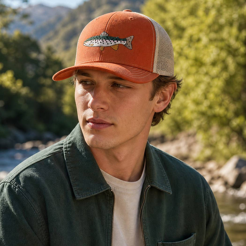 Rainbow Trout Fish Embroidered Mesh Back Trucker Hat: HeatherGray/HeatherGray/White / ONE SIZE