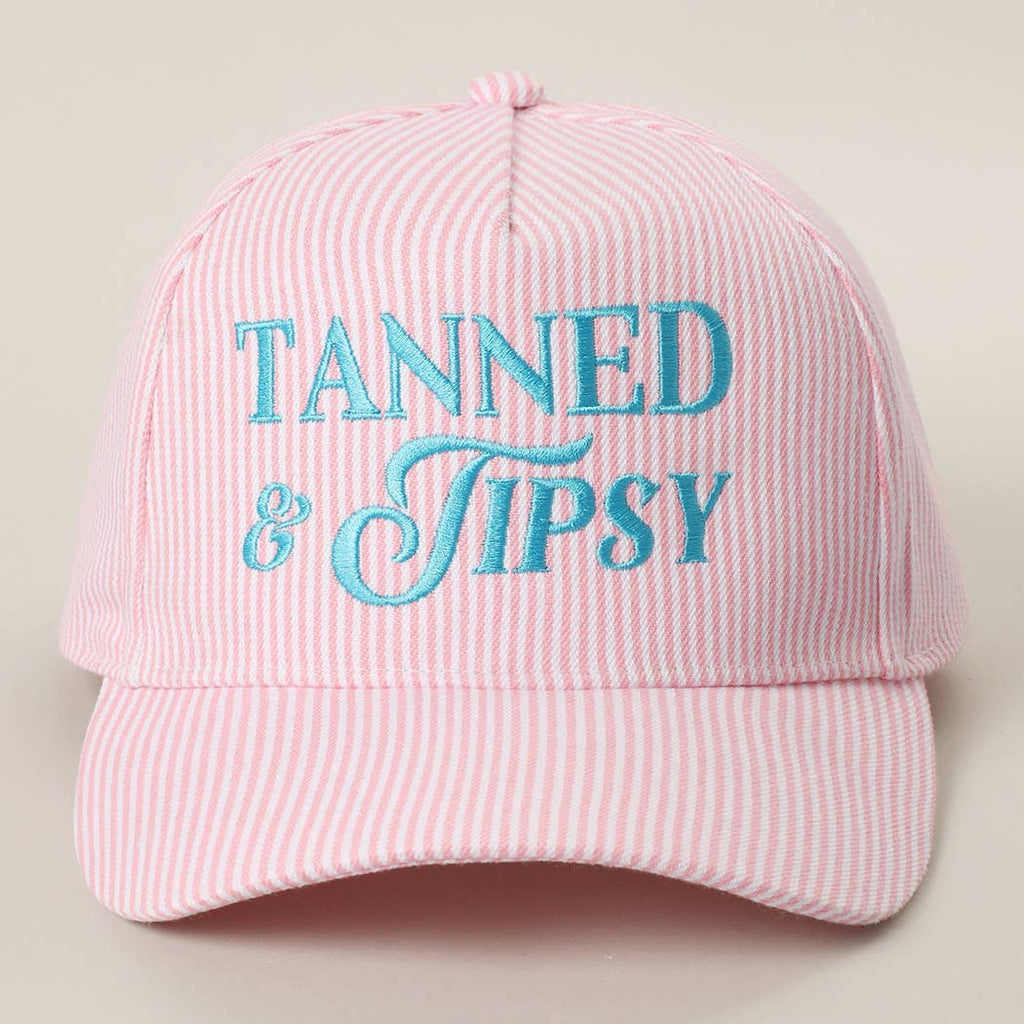 TANNED & TIPSY Embroidered Seersucker Stripe Trucker Hat: PINK / ONE SIZE