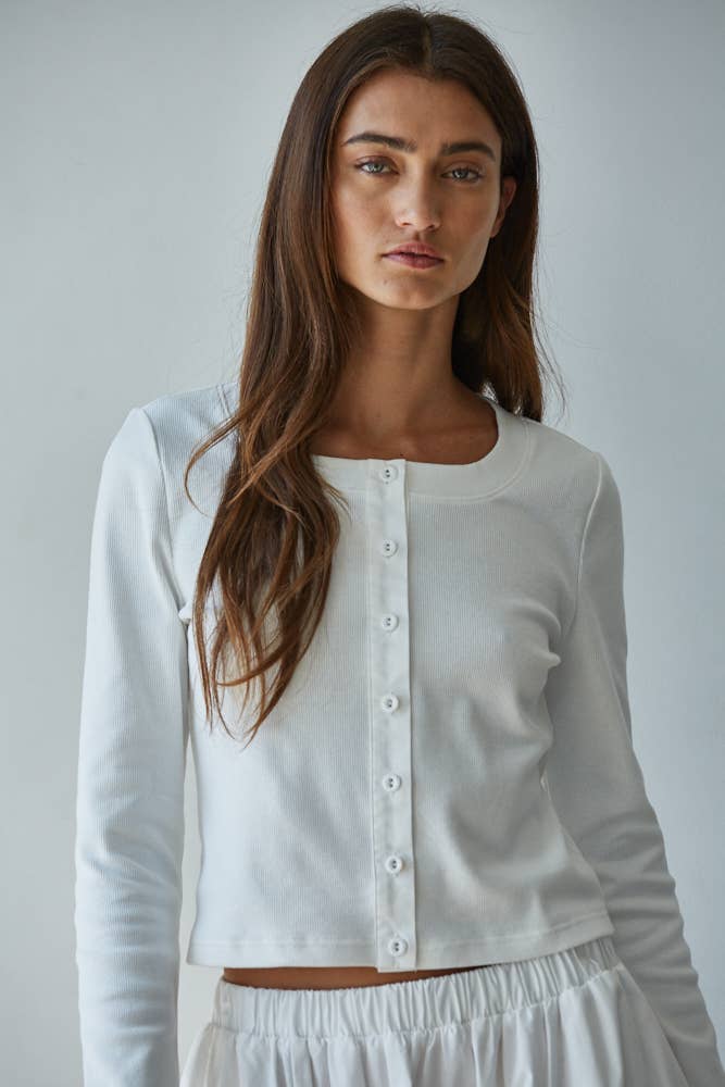 L8829T | Knit Cotton Spandex Ribbed 3/4 Sleeve Cardigan: Off White / S