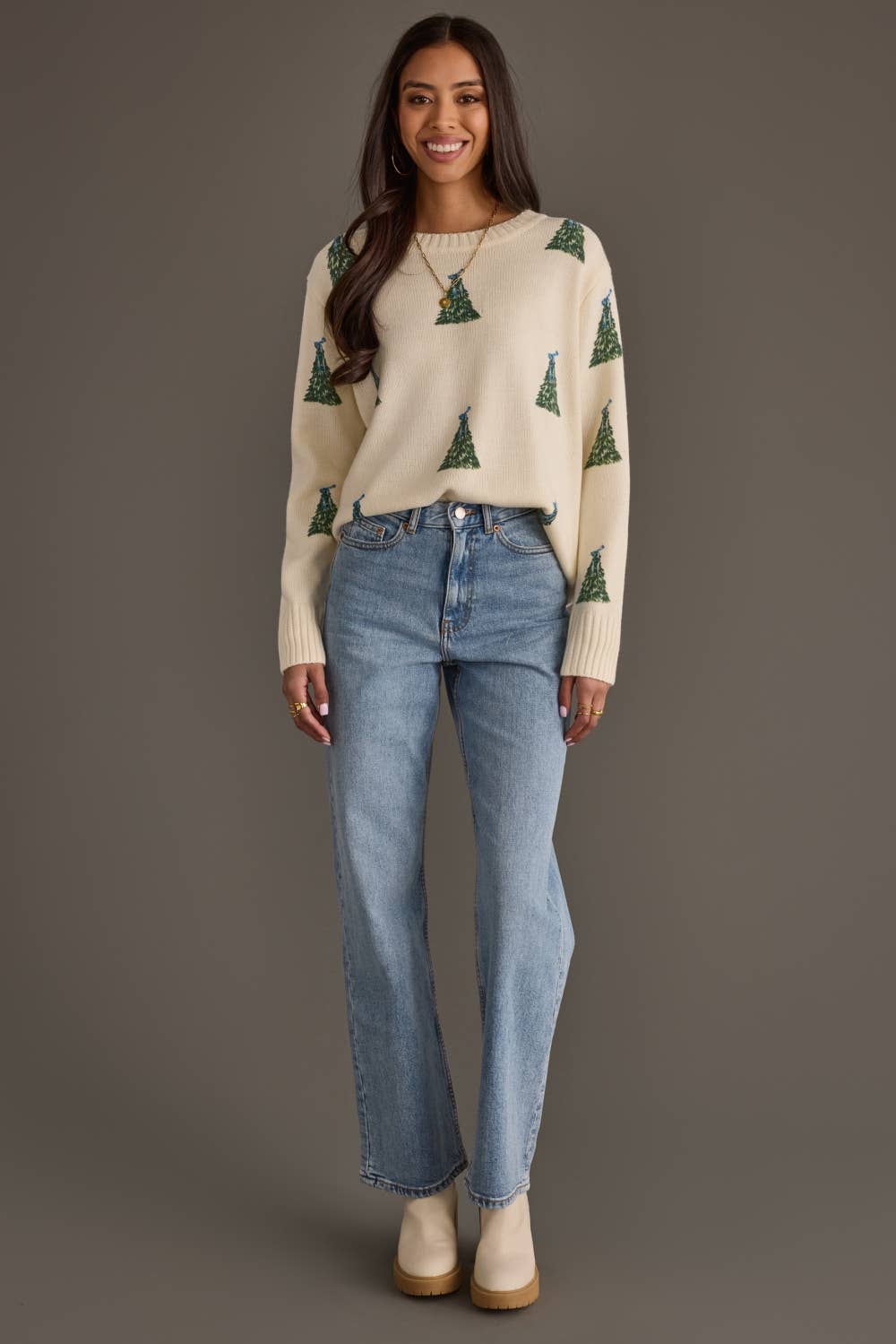 Ivory Tree Sweater with Blue Bows