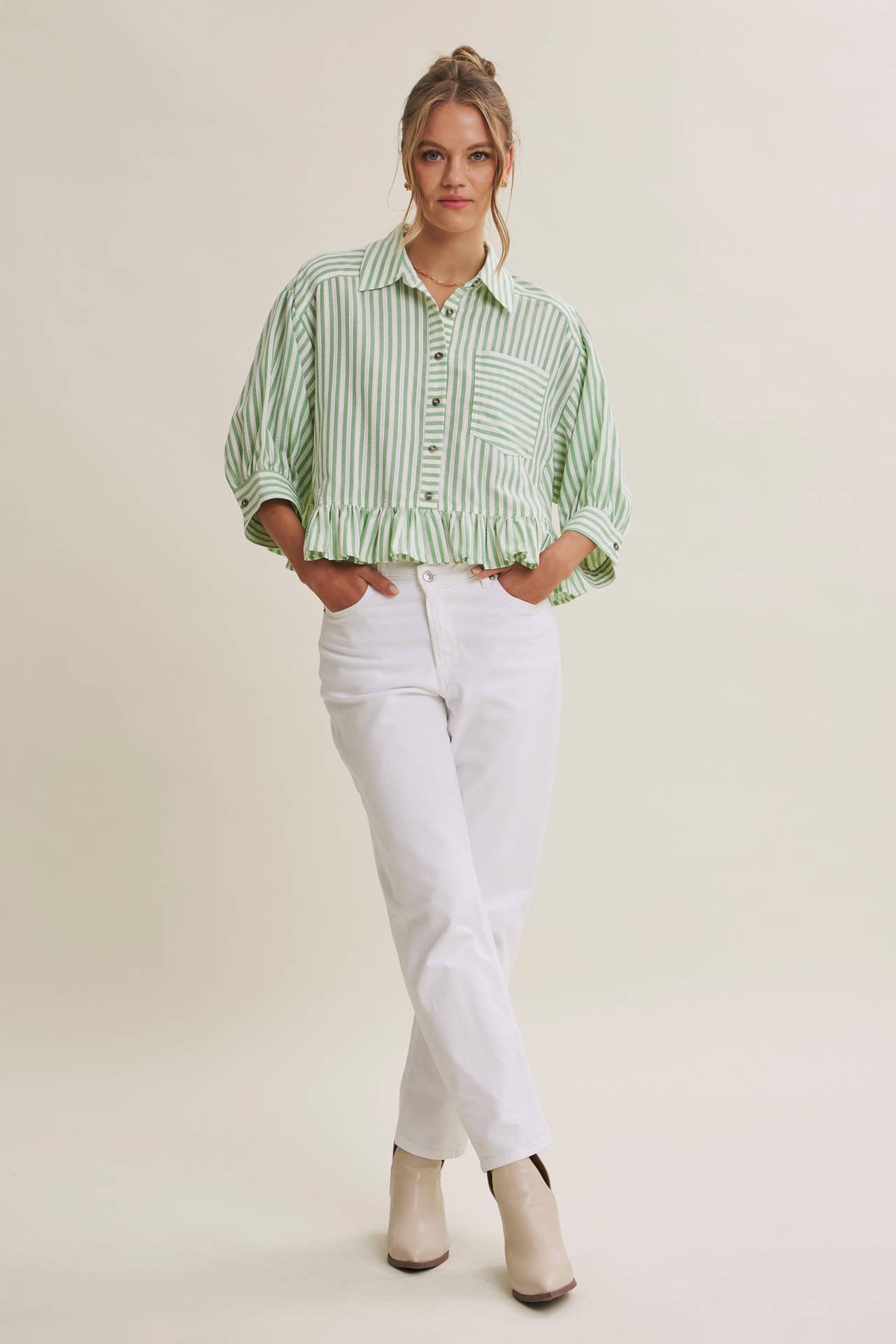 YEAR-ROUND CLASSIC COTTON STRIPE BUTTON-DOWN PEPLUM SHIRT: CLOVER GREEN / S