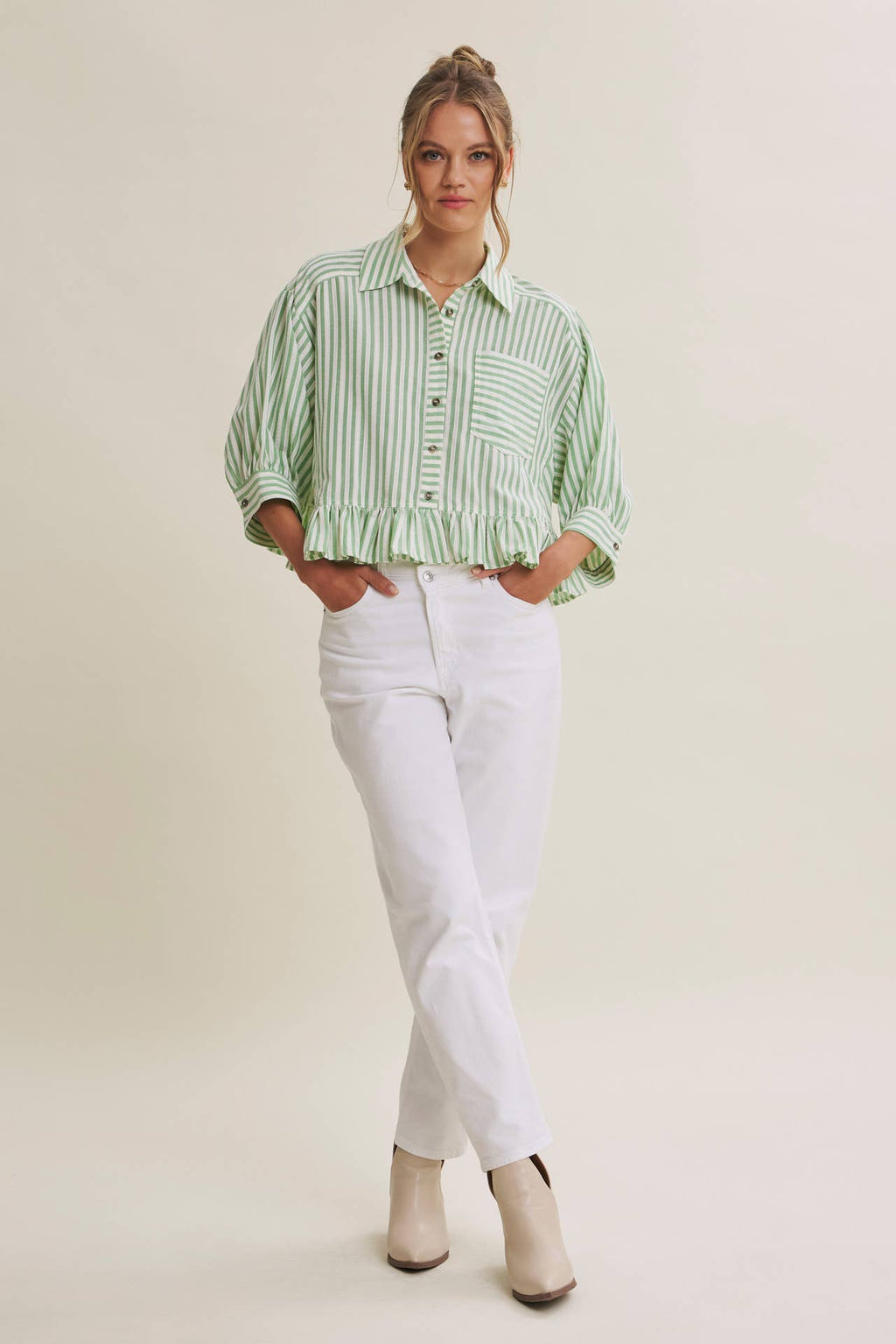 YEAR-ROUND CLASSIC COTTON STRIPE BUTTON-DOWN PEPLUM SHIRT: CLOVER GREEN / L