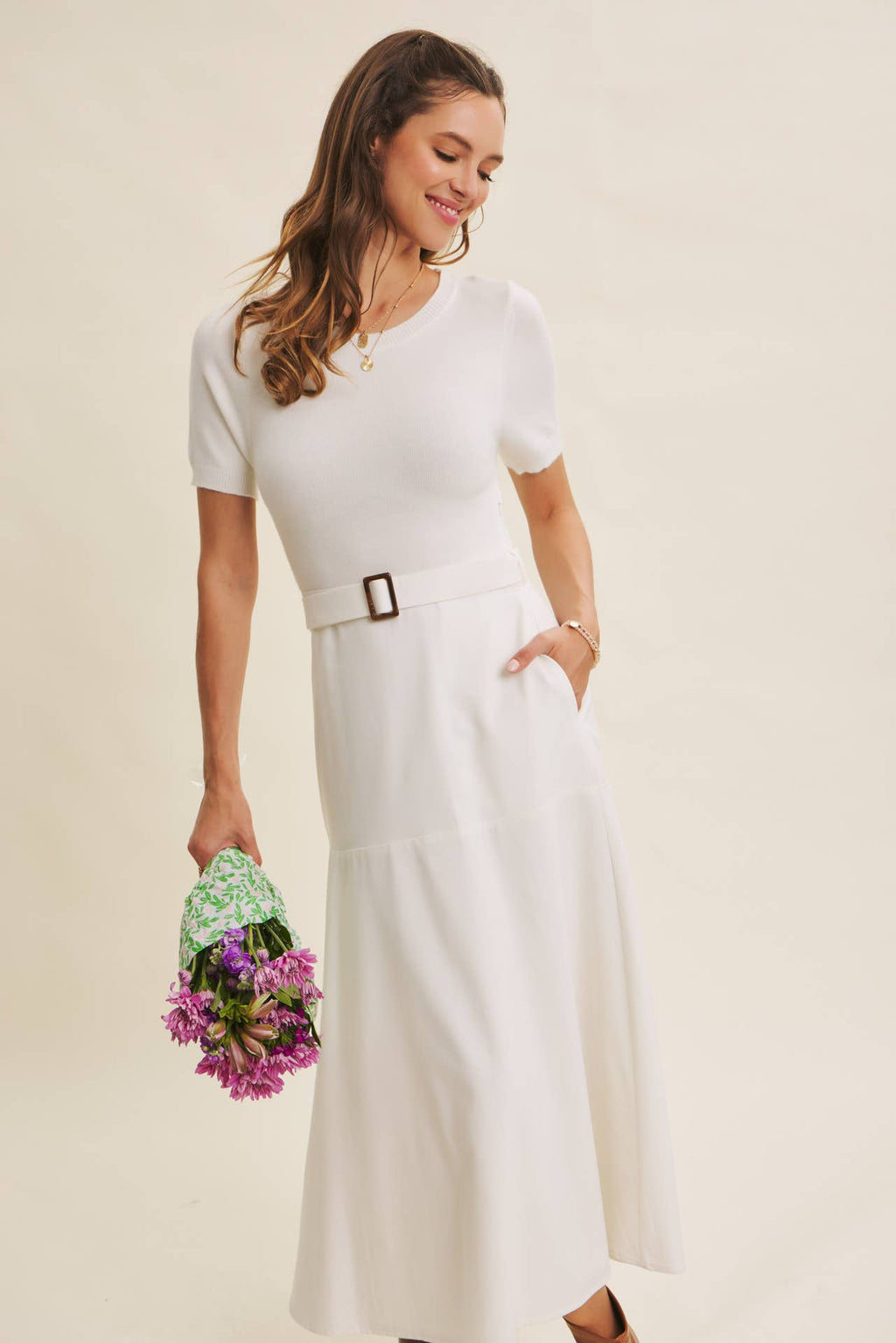 PHOTOGRAPHS LIKE A DREAM BELTED SWEATER TWOFER MIDI DRESS