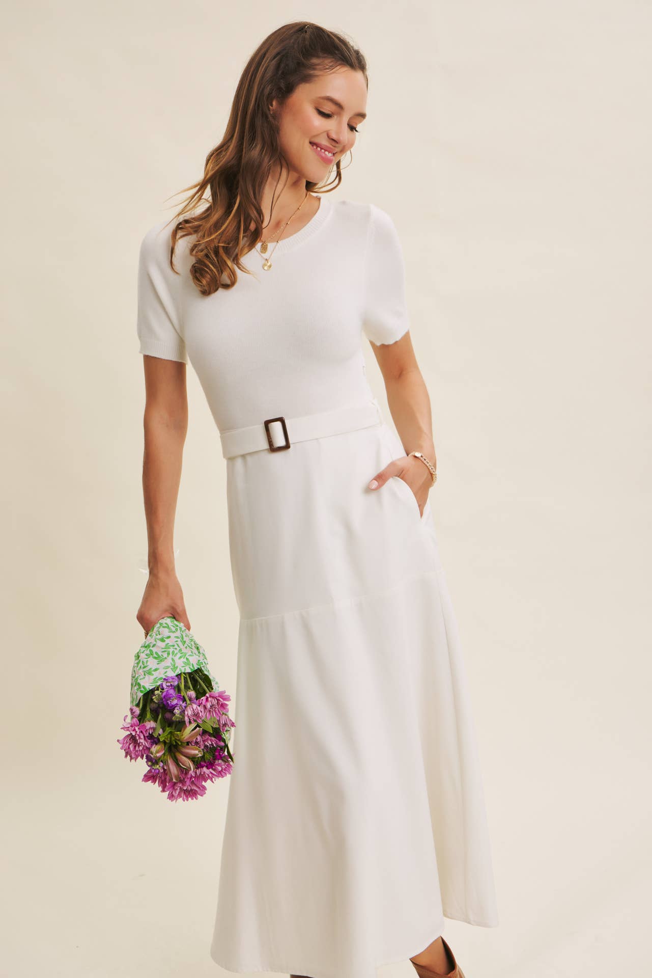 PHOTOGRAPHS LIKE A DREAM BELTED SWEATER TWOFER MIDI DRESS