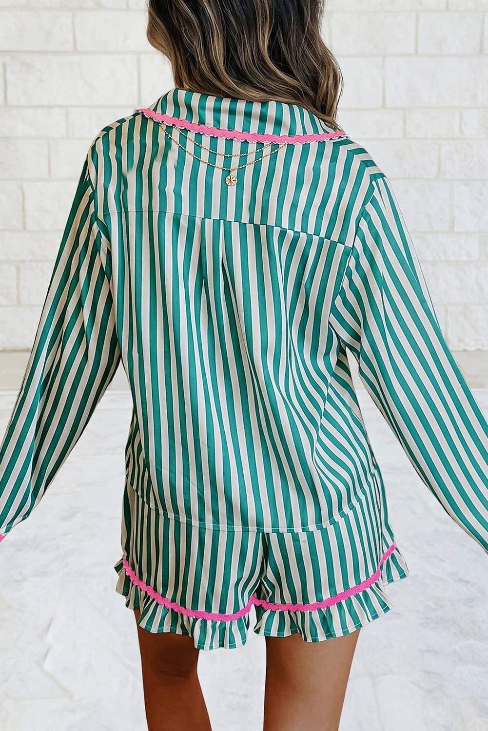 Stripe Long Sleeve Shirt Ribbon Drawstring Shorts 2 Pcs Set: Green Stripe