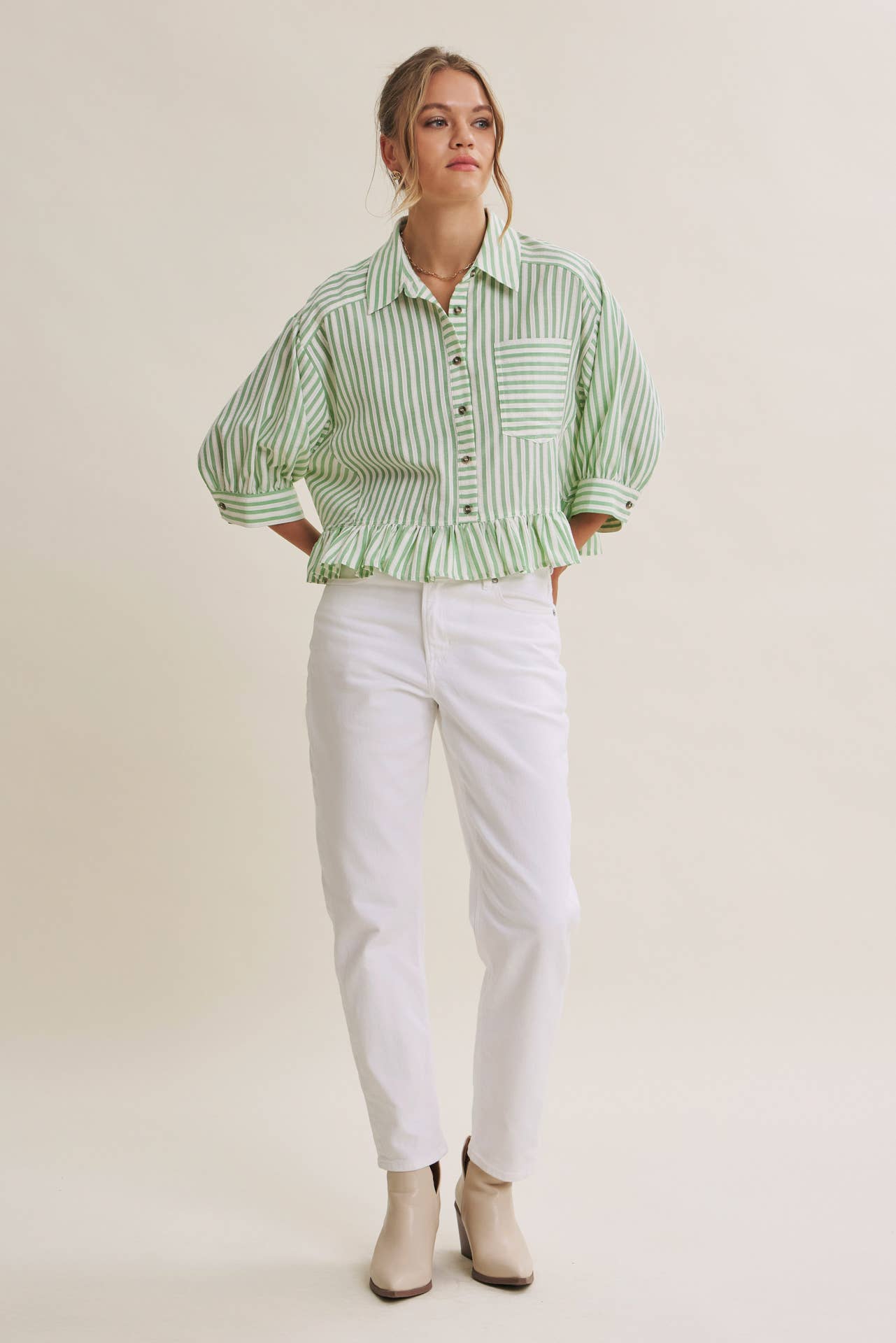 YEAR-ROUND CLASSIC COTTON STRIPE BUTTON-DOWN PEPLUM SHIRT: CLOVER GREEN / S