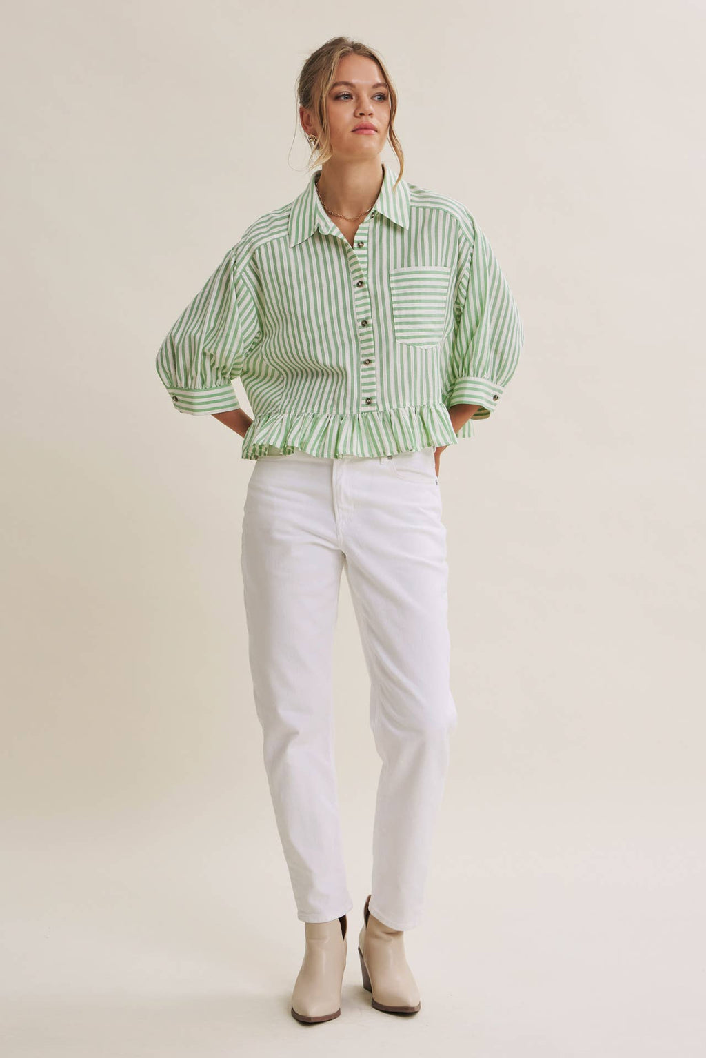 YEAR-ROUND CLASSIC COTTON STRIPE BUTTON-DOWN PEPLUM SHIRT: CLOVER GREEN / L