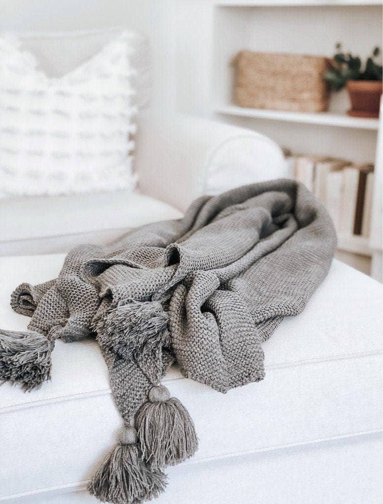Knit Throw Blanket - Knit Throw Blanket With Tassels | Cozy: Grey