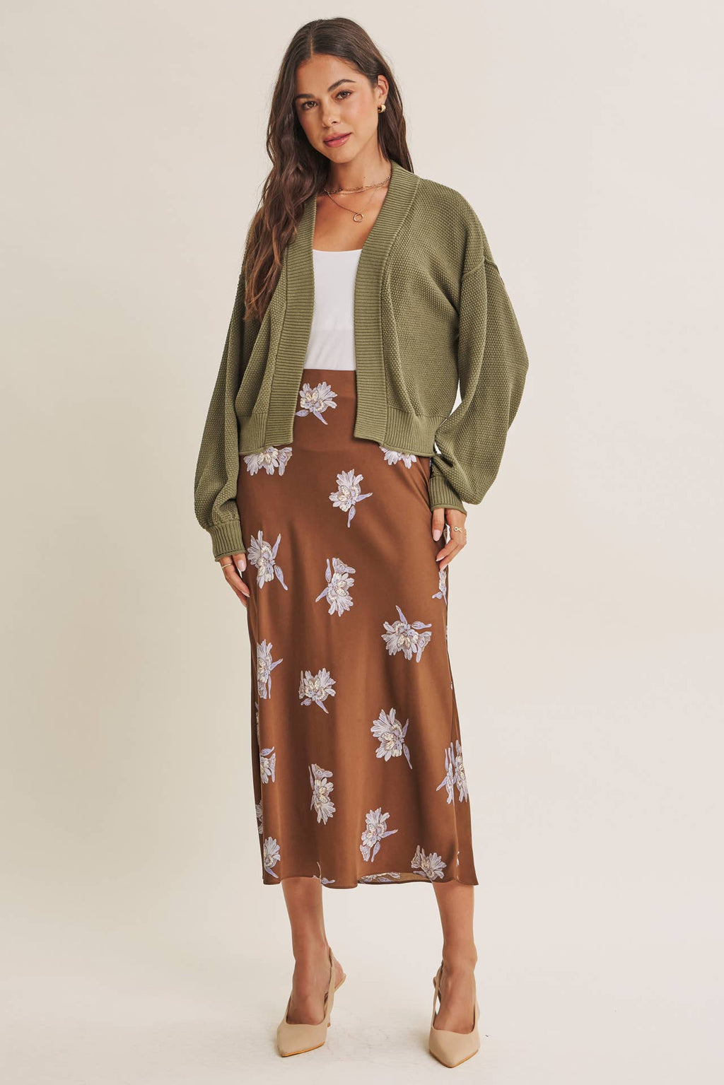EVERYDAY ESEENTIAL EASY LAYERING BALLOON SLV WAFFLE CARDIGAN: OLIVE / S