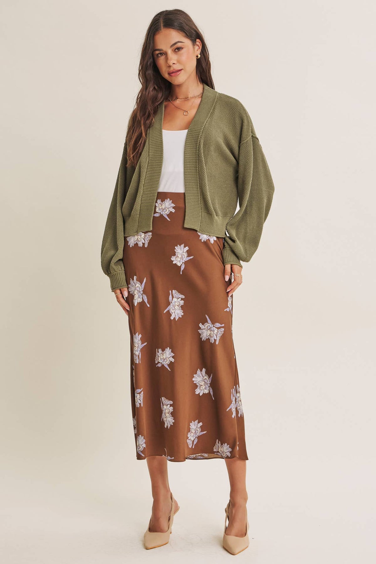 EVERYDAY ESEENTIAL EASY LAYERING BALLOON SLV WAFFLE CARDIGAN: OLIVE / M