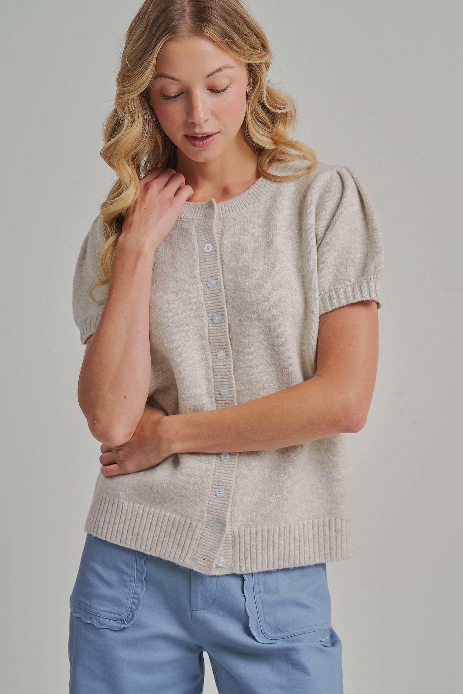 SHORT SLEEVE RELAXED FIT CARDIGAN _JLT00295-01: OATMEAL / S-M-L(2-2-2)