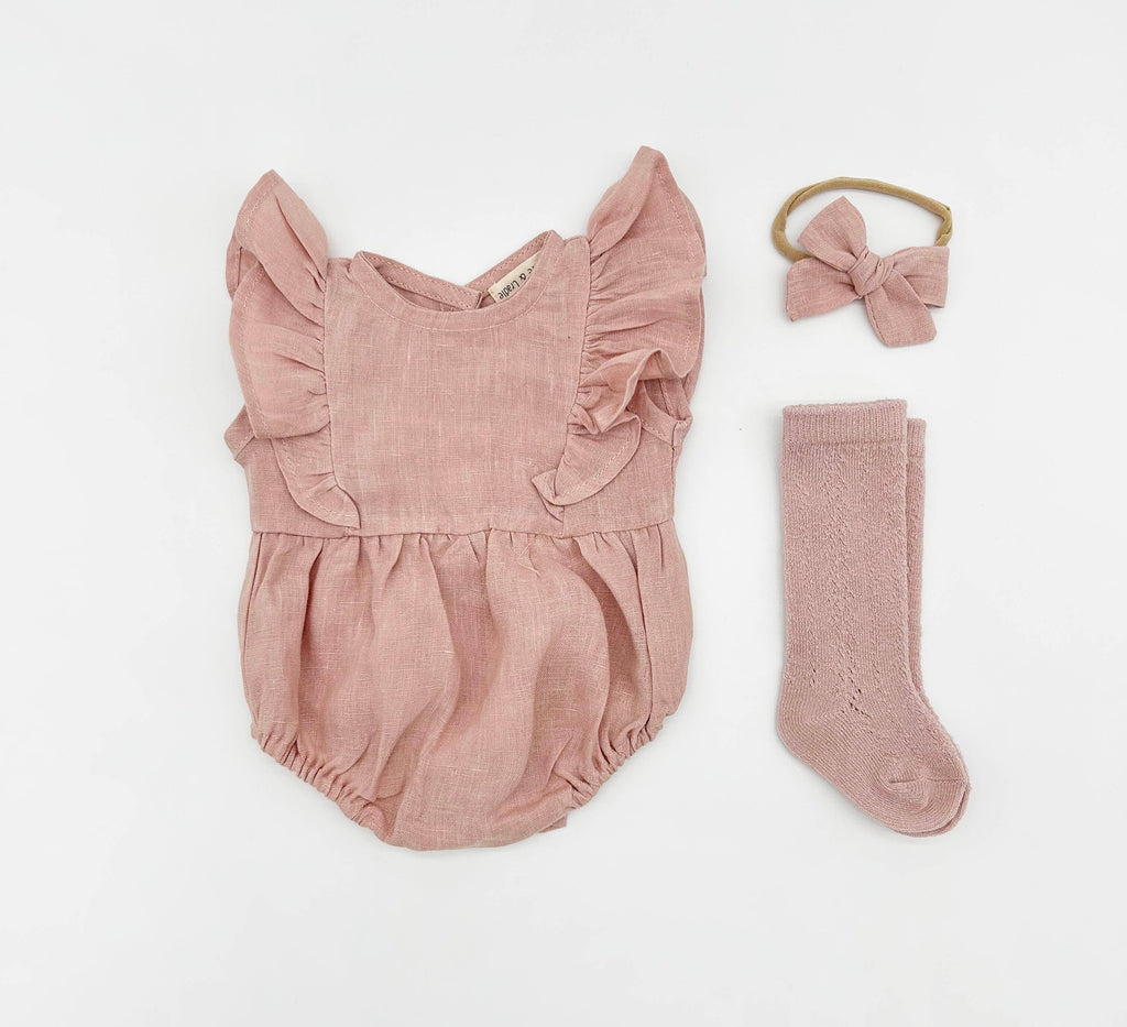 Gabriella Sleeveless Romper 3pc Set: Sage / 3-6 months