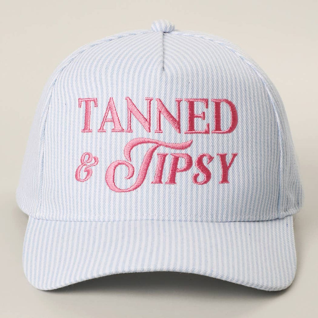 TANNED & TIPSY Embroidered Seersucker Stripe Trucker Hat: PINK / ONE SIZE