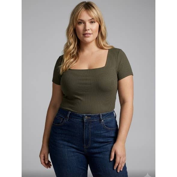 PLUS SIZE RIB SQUARE NECK SHORT SLEEVE KNIT TOP: Olive / 3X