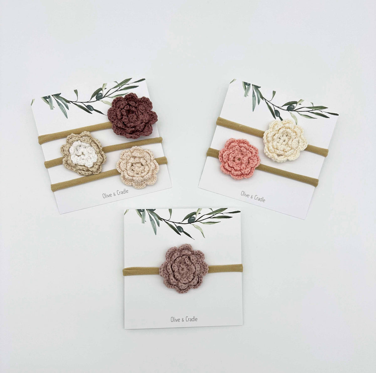 Crochet Flower Headband: With Card / Apricot-pink / Triple Flower