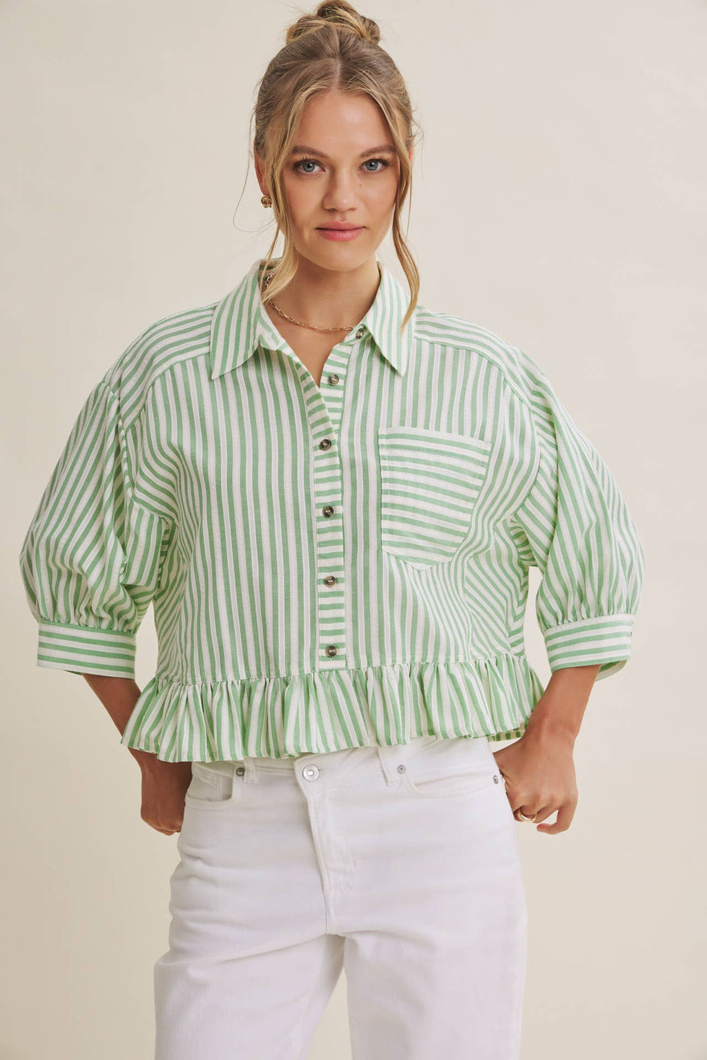 YEAR-ROUND CLASSIC COTTON STRIPE BUTTON-DOWN PEPLUM SHIRT: CLOVER GREEN / S