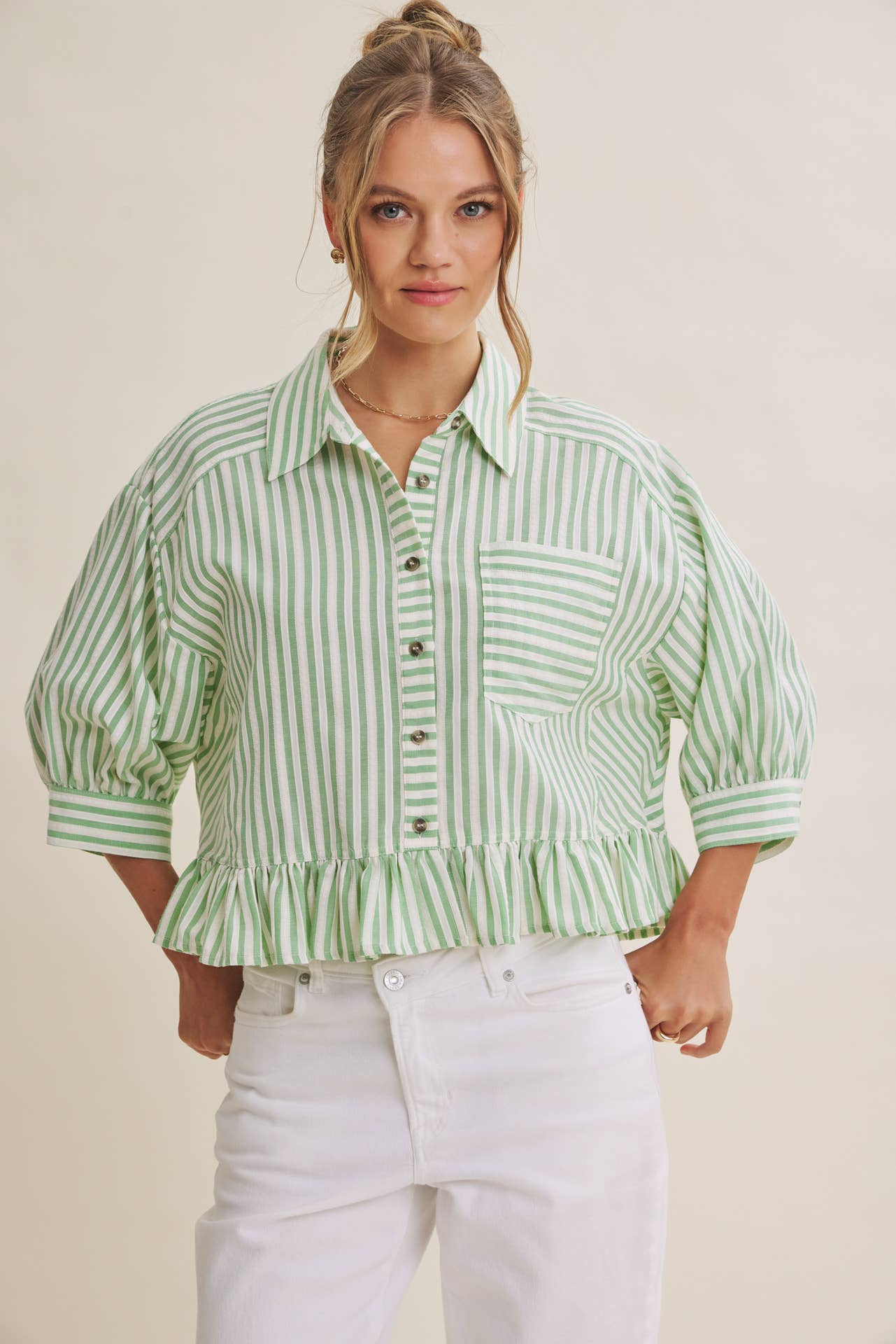 YEAR-ROUND CLASSIC COTTON STRIPE BUTTON-DOWN PEPLUM SHIRT: CLOVER GREEN / S