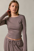 LONG SLEEVE ROUND NECK STRIPED TOP: MAUVE-BROWN STRIPE / M
