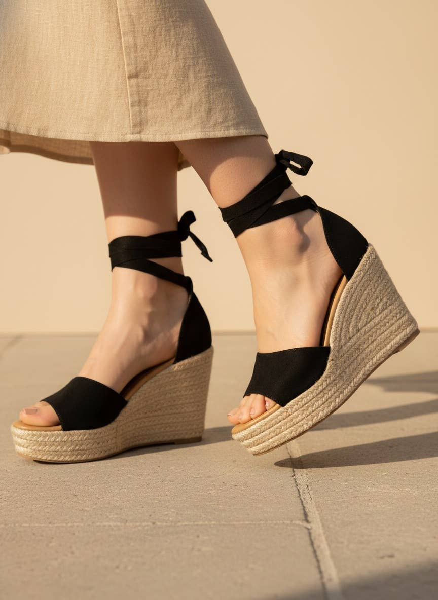 CHELLA-42 Summer Tie-Up Espadrille Wedges: BLACK / A12