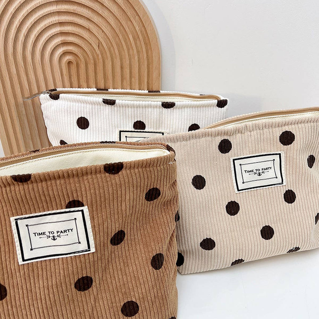 CORDUROY RETRO POLKA DOT MAKEUP BAG STORAGE BAG_CWAB1220: White / (OS) 2