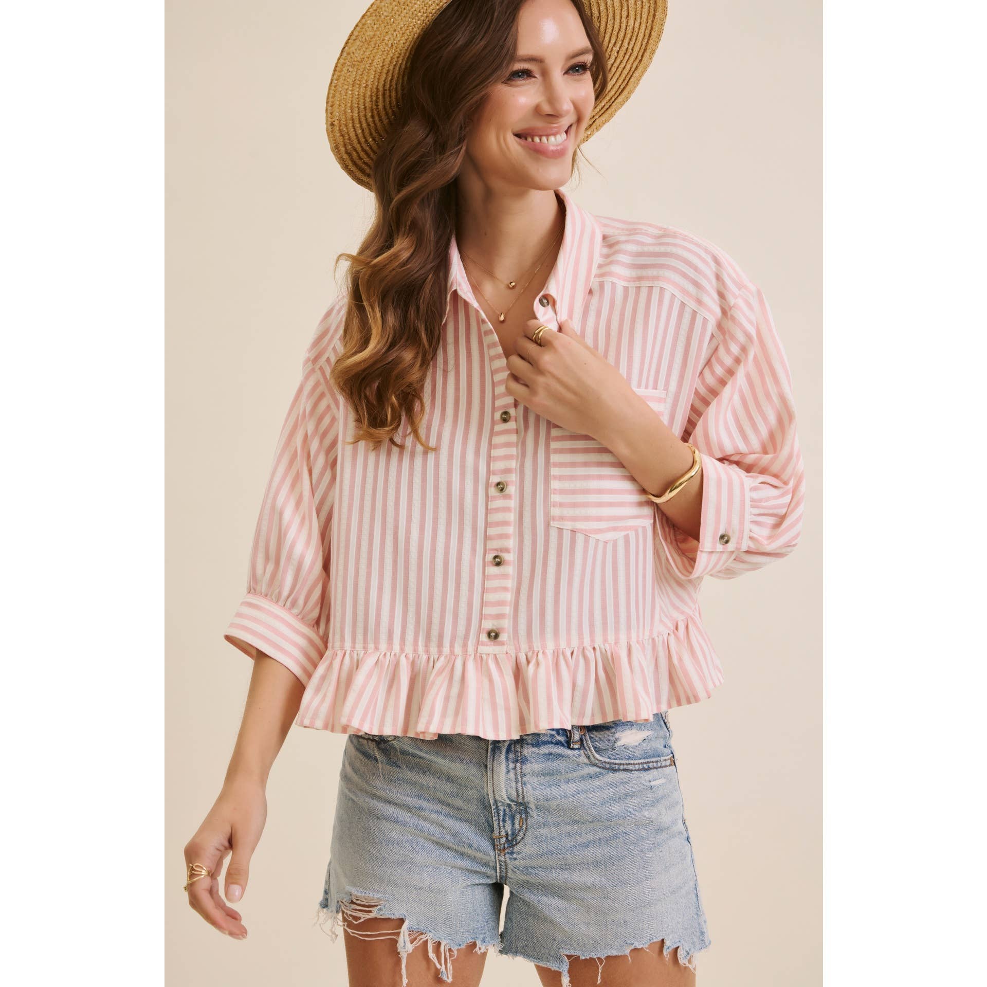 YEAR-ROUND CLASSIC COTTON STRIPE BUTTON-DOWN PEPLUM SHIRT: CLOVER GREEN / S