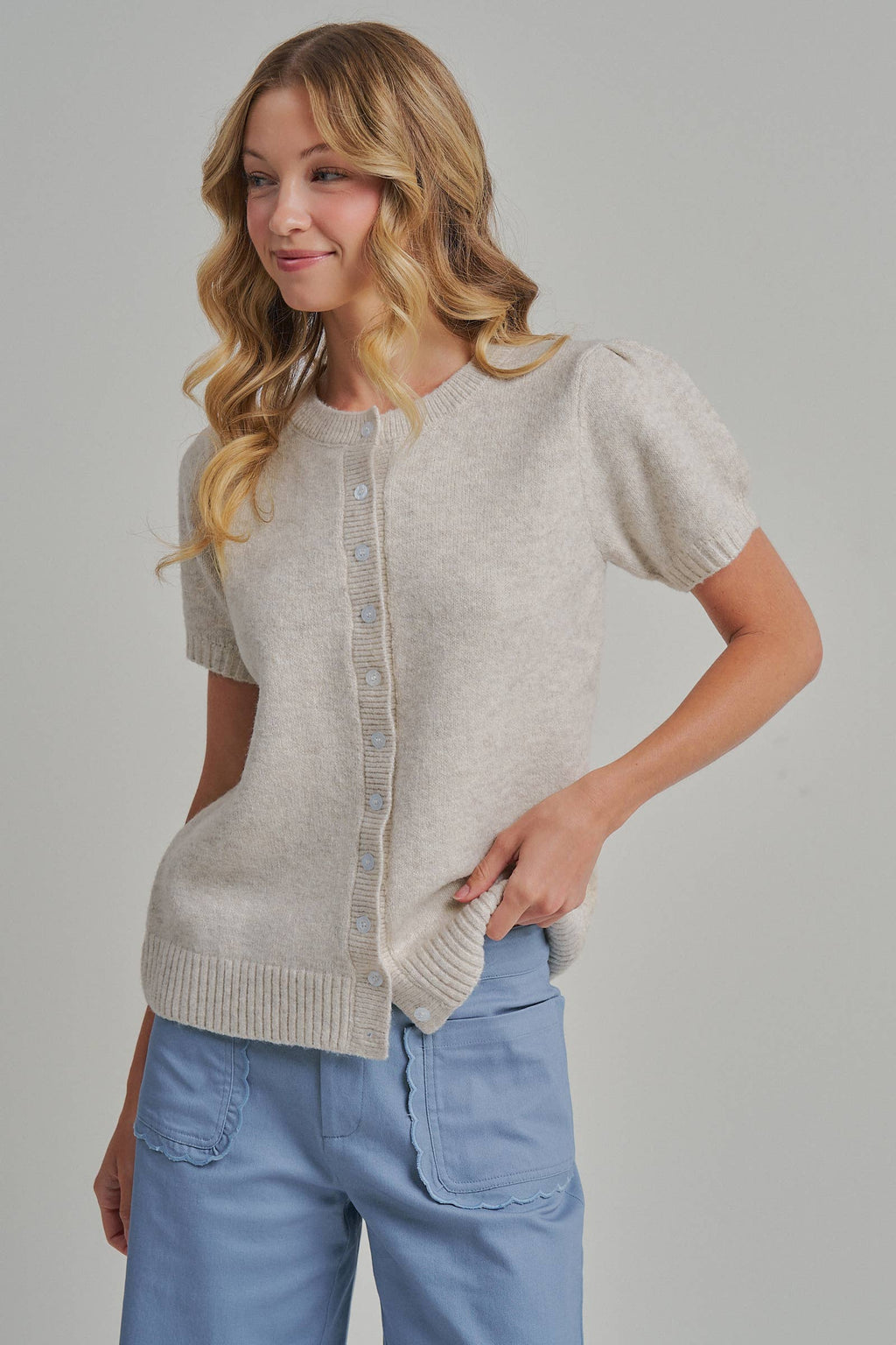 SHORT SLEEVE RELAXED FIT CARDIGAN _JLT00295-01: OATMEAL / S-M-L(2-2-2)