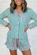 Stripe Long Sleeve Shirt Ribbon Drawstring Shorts 2 Pcs Set: Green Stripe