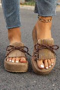 Leopard Faux Suede Slashed Lace-up Detail Platform Slippers: Coffee / 6(37)
