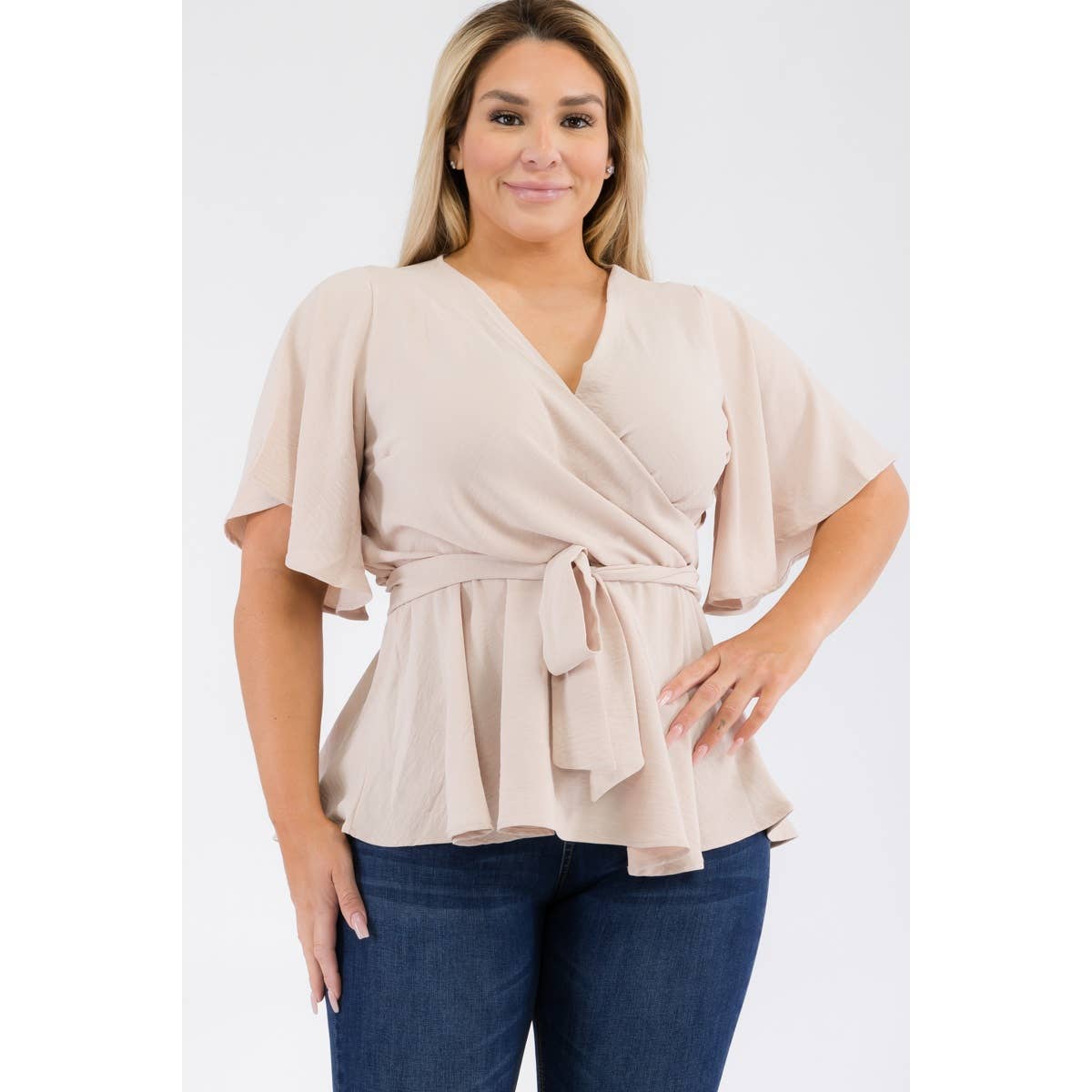 PLUS SIZE SURPLICE TIE WAIST PEPLUM BLOUSE: Black / 1X