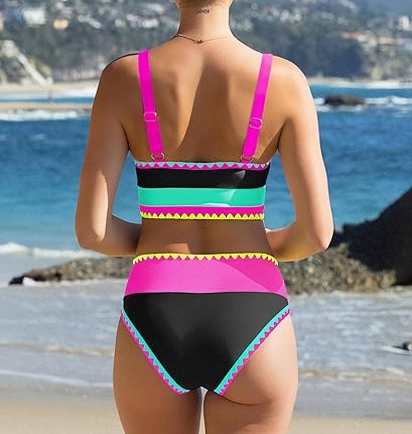 Colorblock High Waisted Bikini Set with Scalloped Trim