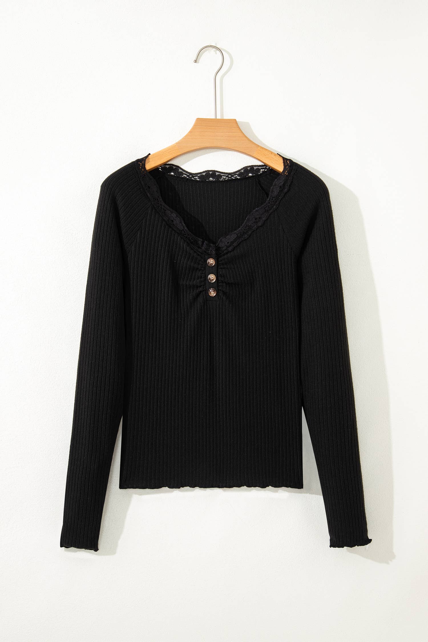 Lace Neckline Button Decor Lettuce Edge Long Sleeve Top: Beige / L