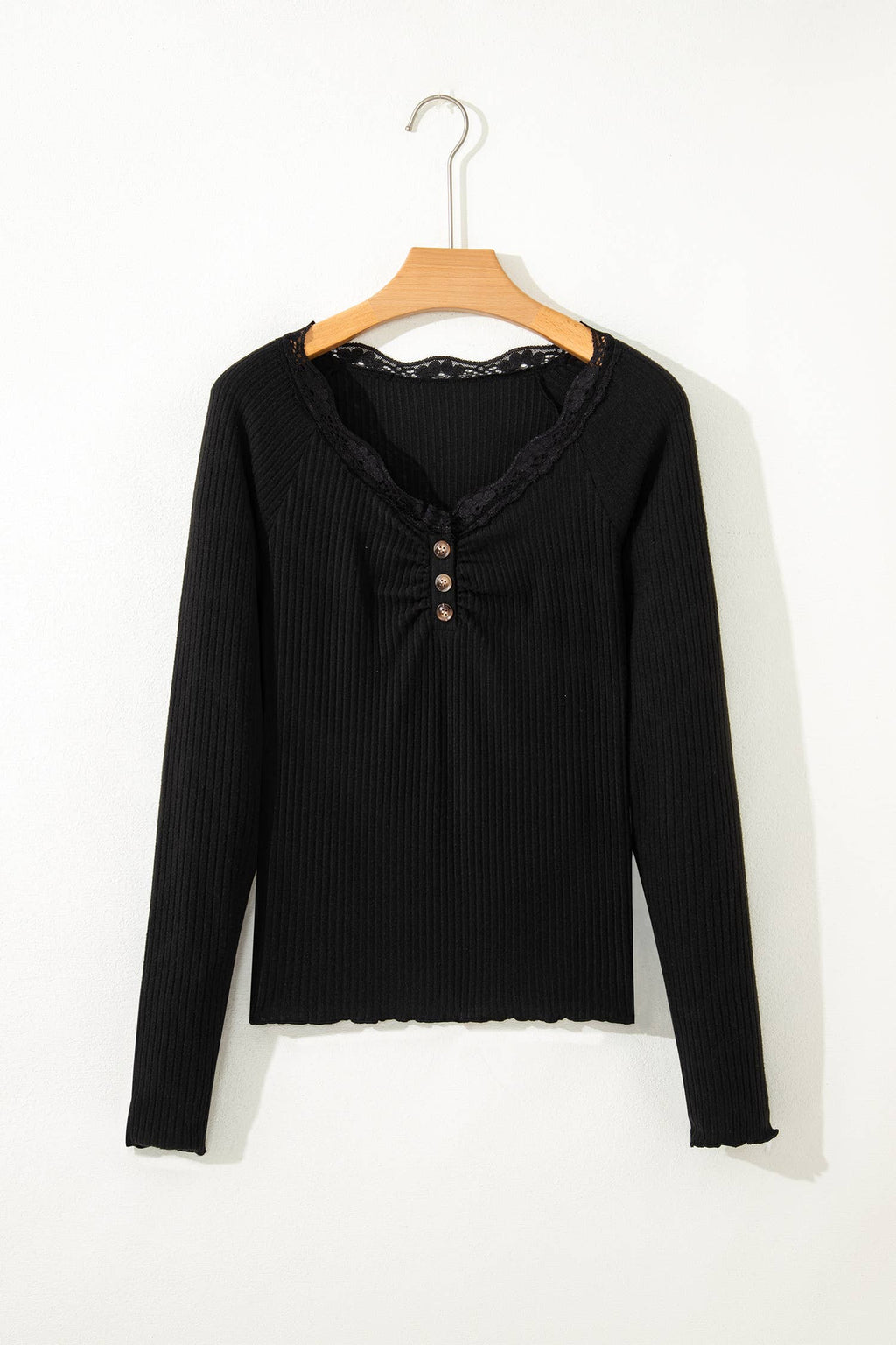 Lace Neckline Button Decor Lettuce Edge Long Sleeve Top: Beige / S