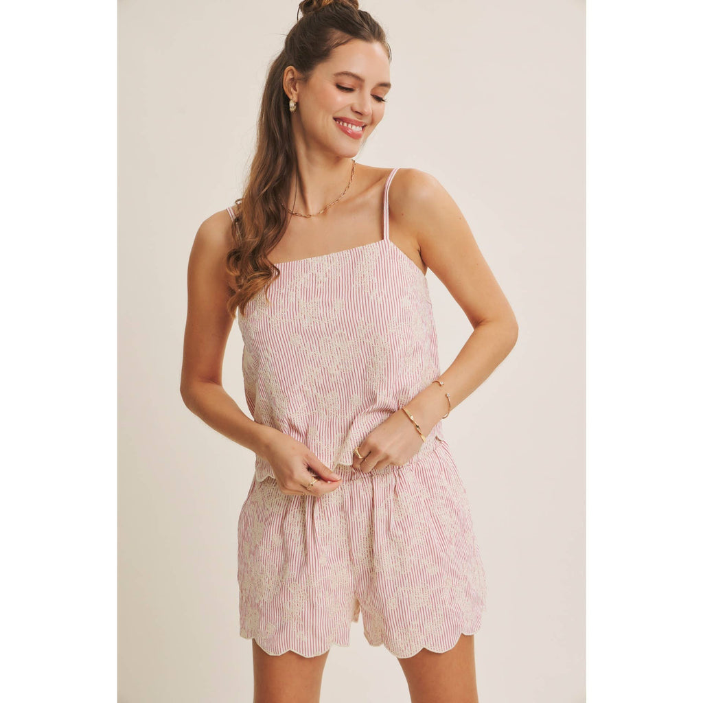 VERSATILE SUMMER STAPLE STRIPE EMBROIDERED SCALLOP TANK TOP