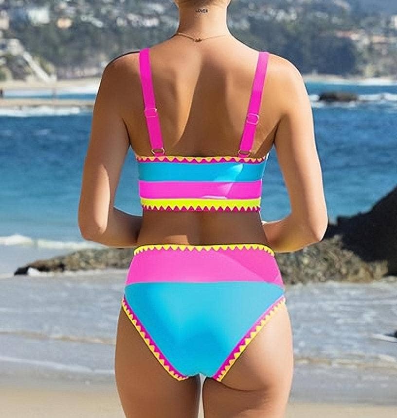 Colorblock High Waisted Bikini Set with Scalloped Trim